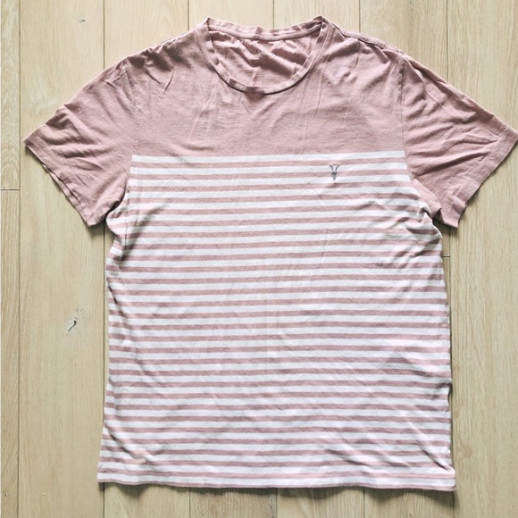 All Saints Logo Embroidered Striped T Shirt in Soft Pink - Picture 1 of 9